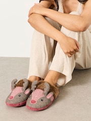 FatFace Novelty Red Christmas Reindeer Mule Slippers - Image 1 of 2