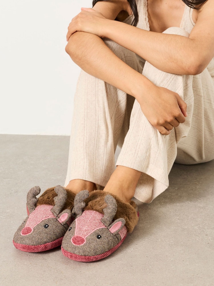 FatFace Novelty Red Christmas Reindeer Mule Slippers - Image 1 of 2 FatFace Novelty Red Christmas Reindeer Mule Slippers - Image 1 of 2
