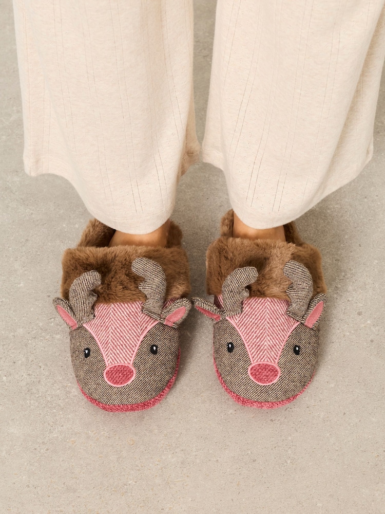 FatFace Novelty Red Christmas Reindeer Mule Slippers - Image 2 of 2 FatFace Novelty Red Christmas Reindeer Mule Slippers - Image 2 of 2