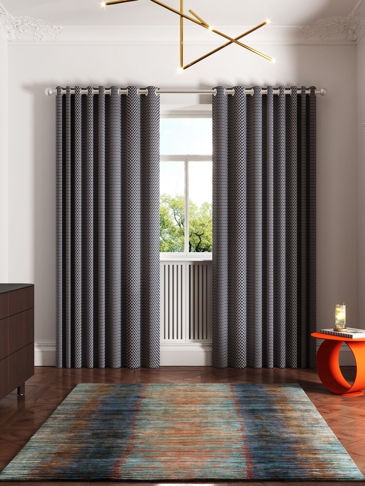 Ted Baker Navy Palm Geo Blackout Lined Eyelet Curtains - Image 2 of 4 Ted Baker Navy Palm Geo Blackout Lined Eyelet Curtains - Image 2 of 4