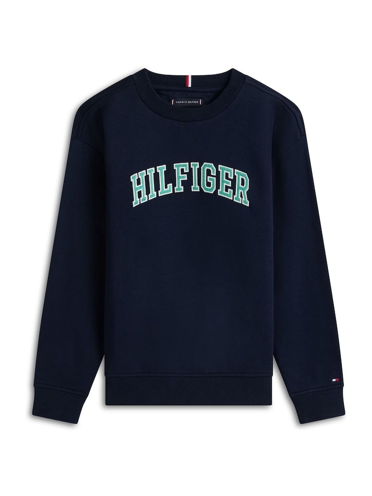 Albastru - Tommy Hilfiger Logo Terry Crew Neck Sweatshirt - Imaginea 5 din 5