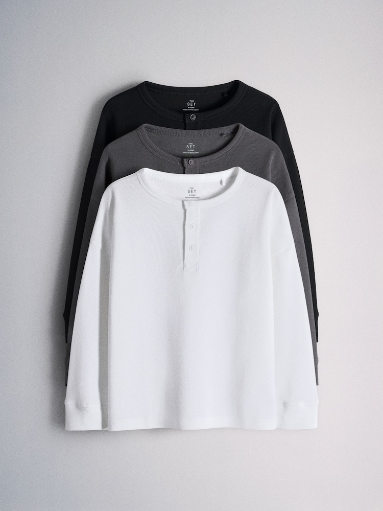 The Set Long Sleeve Waffle Henley T-Shirts 3 Pack Black/Grey - Image 1 of 9