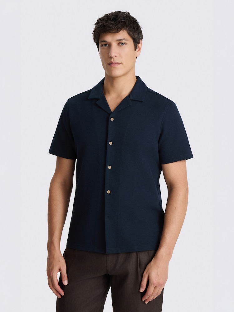 MOSS Blue Knitted Cuban Collar Shirt - Image 1 of 3 MOSS Blue Knitted Cuban Collar Shirt - Image 1 of 3