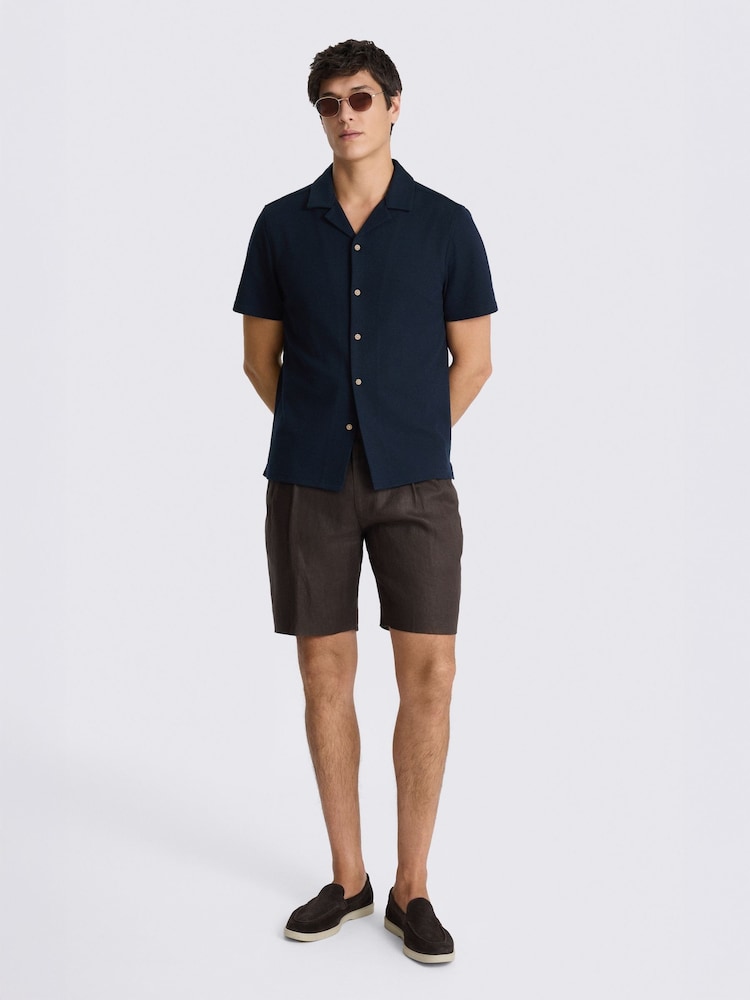 MOSS Blue Knitted Cuban Collar Shirt - Image 2 of 3 MOSS Blue Knitted Cuban Collar Shirt - Image 2 of 3