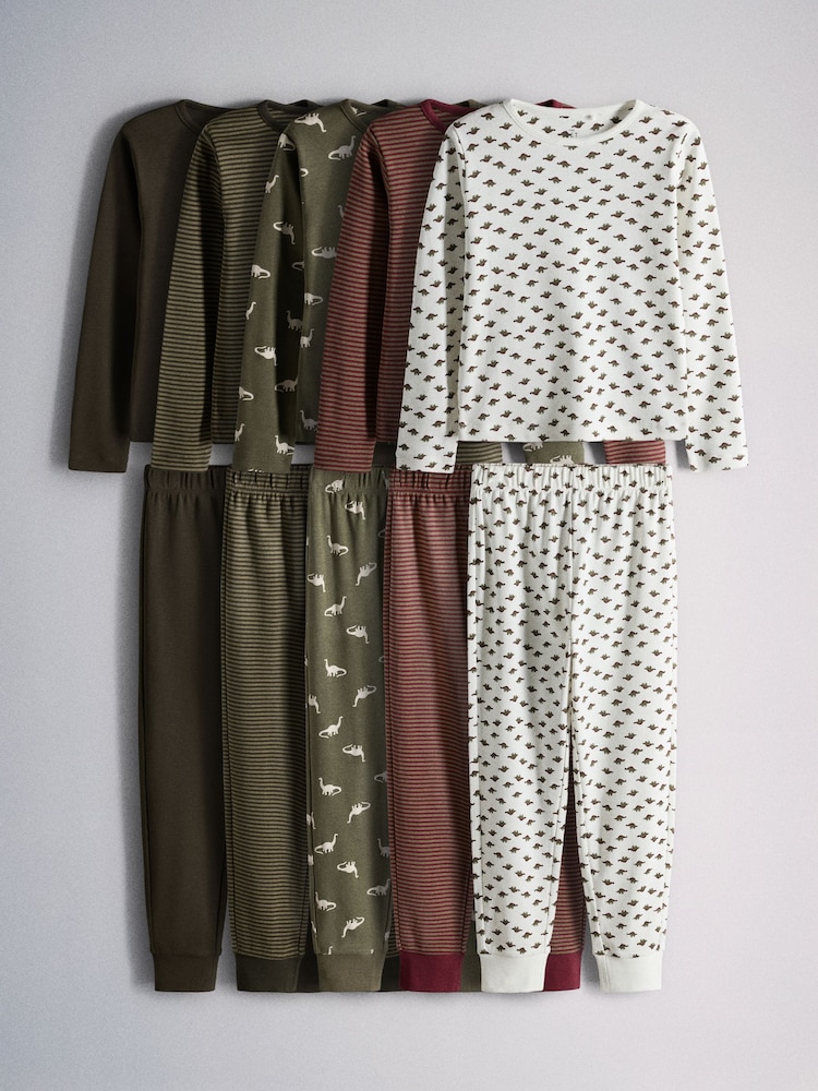 The Set 5 Pack Dino Snuggle Fit Pyjamas Green/Ecru - Image 1 of 13