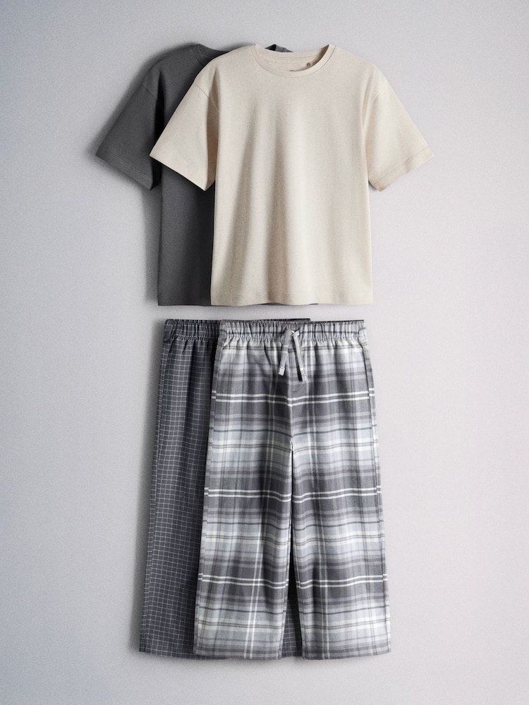 The Set 2 Pack Short Sleeve Long Check Bottom Pyjamas Grey - Image 1 of 9