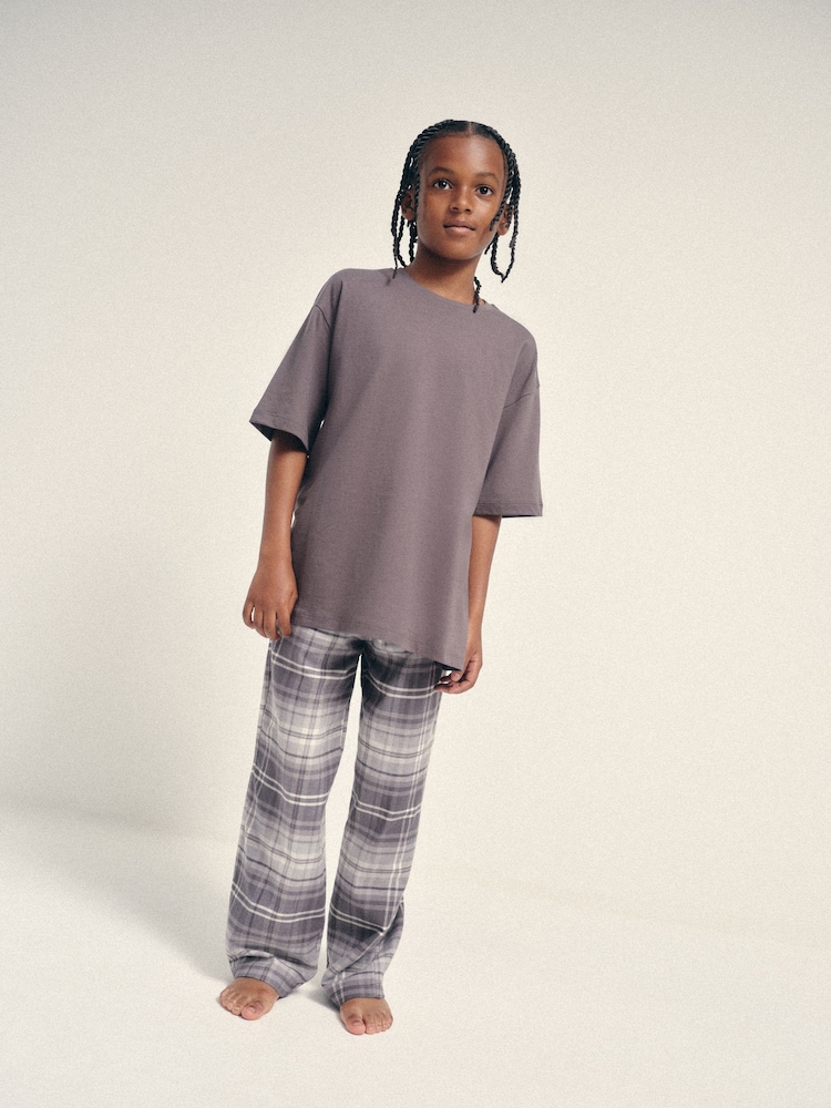 The Set 2 Pack Short Sleeve Long Check Bottom Pyjamas Grey - Image 2 of 9