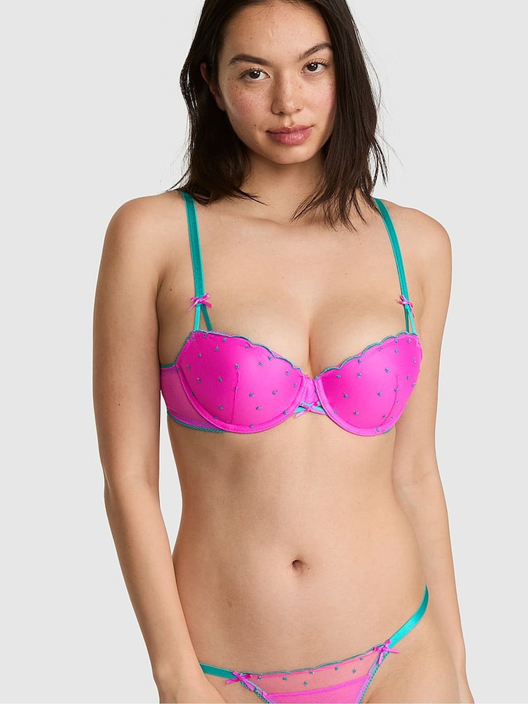 Victoria's Secret Pink Pink Berry Balcony Pop Stitch Embroidery Bra - Image 1 of 2 Victoria's Secret Pink Pink Berry Balcony Pop Stitch Embroidery Bra - Image 1 of 2
