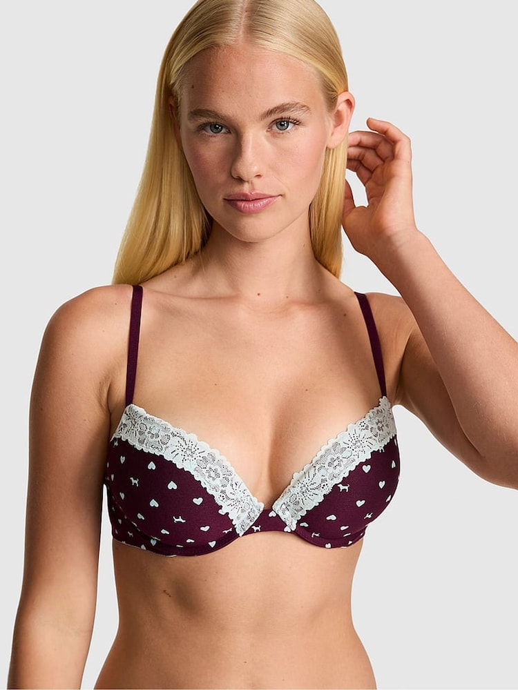Victoria's Secret PINK Purple Rose Dog Print Super Push Up Lace Trim Bra - Image 1 of 3