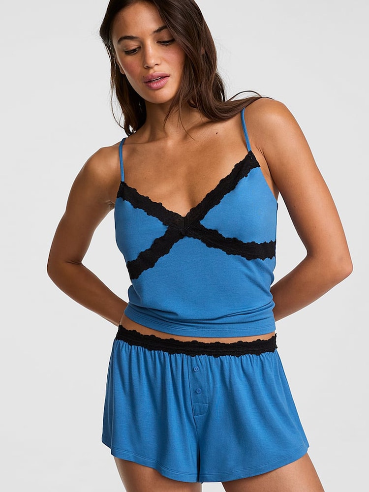 Victoria's Secret Pink Varsity Blue Modal Lace Micro Short Pyjama Bottoms - Image 1 of 2 Victoria's Secret Pink Varsity Blue Modal Lace Micro Short Pyjama Bottoms - Image 1 of 2