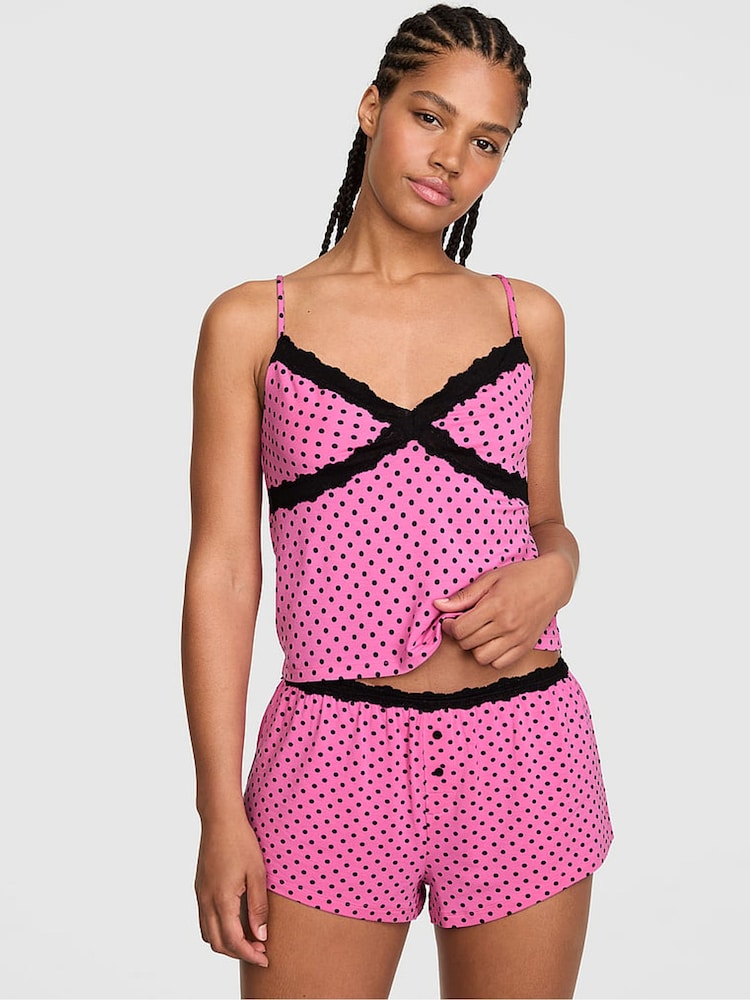 Victoria's Secret Pink Sizzling Strawberry Polka Dots Modal Lace Micro Short Pyjama Bottoms - Image 1 of 2 Victoria's Secret Pink Sizzling Strawberry Polka Dots Modal Lace Micro Short Pyjama Bottoms - Image 1 of 2