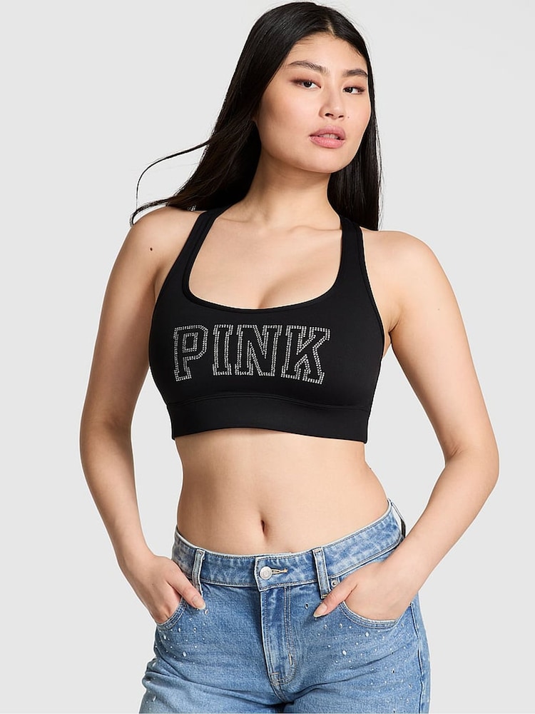 Victoria's Secret Pink Black Shine Relay Racerback Sports Bra - Image 1 of 3 Victoria's Secret Pink Black Shine Relay Racerback Sports Bra - Image 1 of 3
