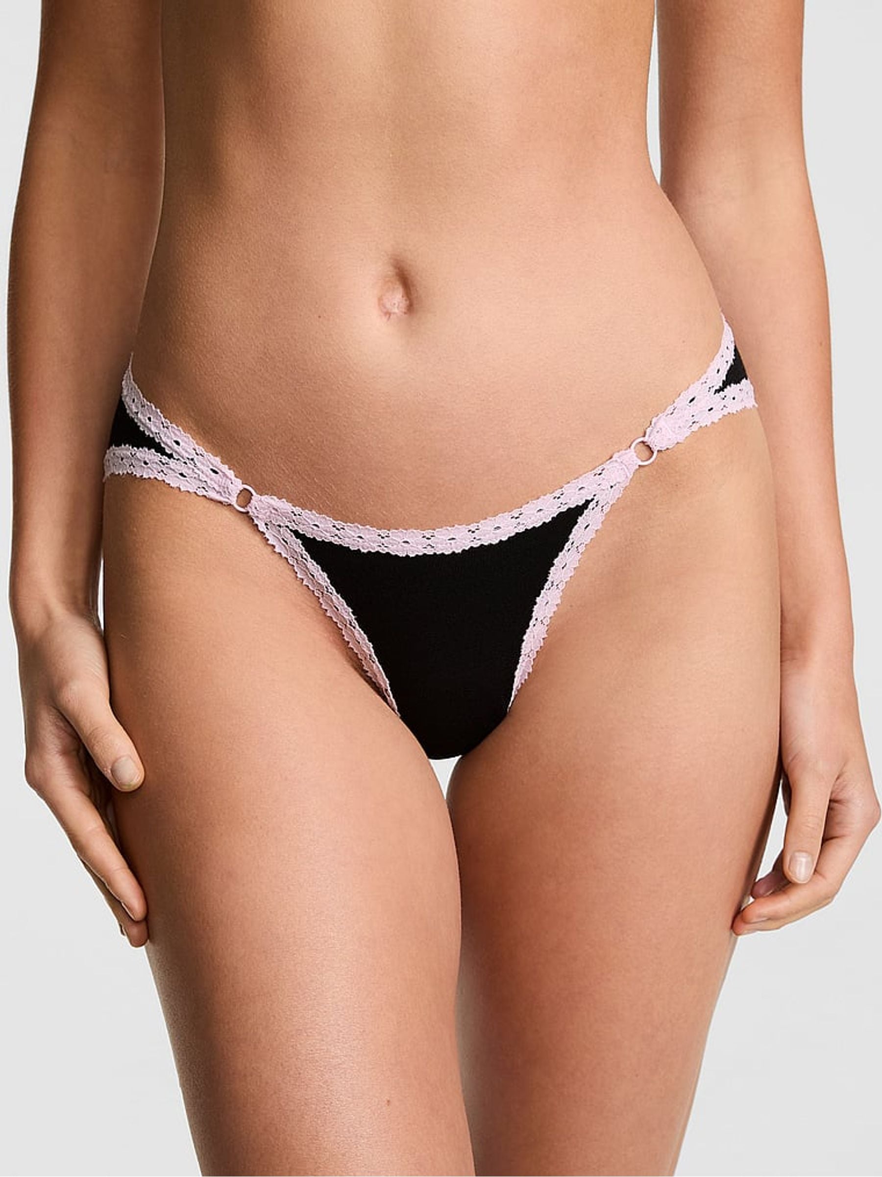 Victoria's Secret PINK Black Cheeky Cotton Heather Lace Trim Knickers