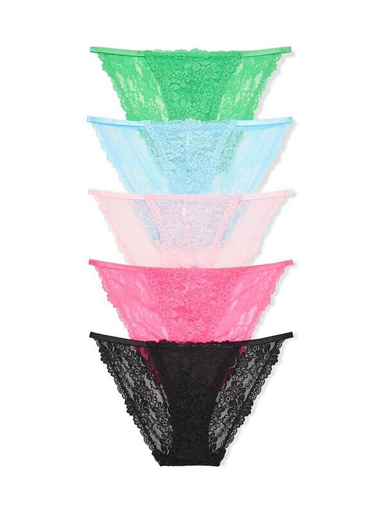 Victoria's Secret Pink Green/Blue/Pink/Black String Bikini 5 Pack Lace Knickers - Image 1 of 1