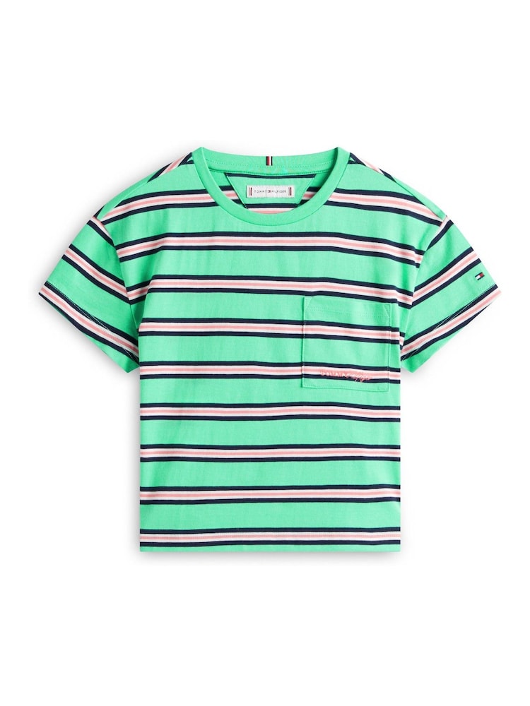 Tommy Hilfiger Green Essential Stripe Logo Embroidery Relaxed T-Shirt - Image 5 of 5 Tommy Hilfiger Green Essential Stripe Logo Embroidery Relaxed T-Shirt - Image 5 of 5