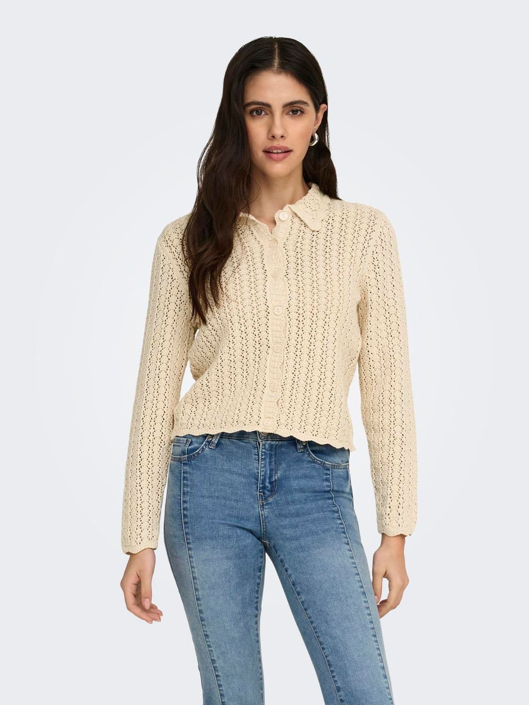 Buy JDY Natural Knitted Crochet Cardigan With Collar Detail from