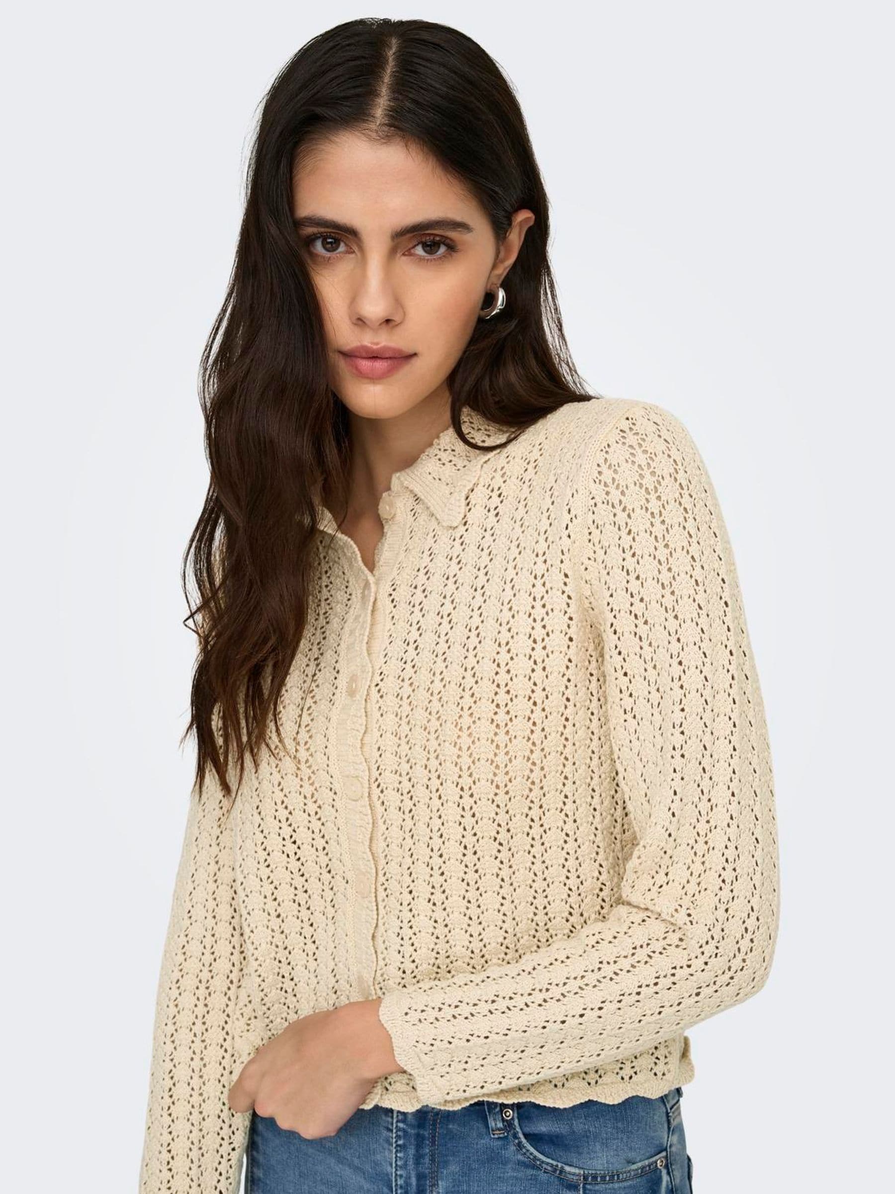 Buy JDY Natural Knitted Crochet Cardigan With Collar Detail from