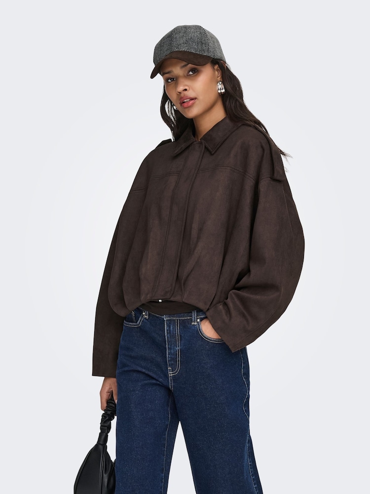 JDY Brown Faux Suede Bomber Jacket - Image 1 of 7