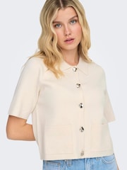 JDY Cream Short Sleeve Knitted Cardigan With Button Details - Image 1 of 6