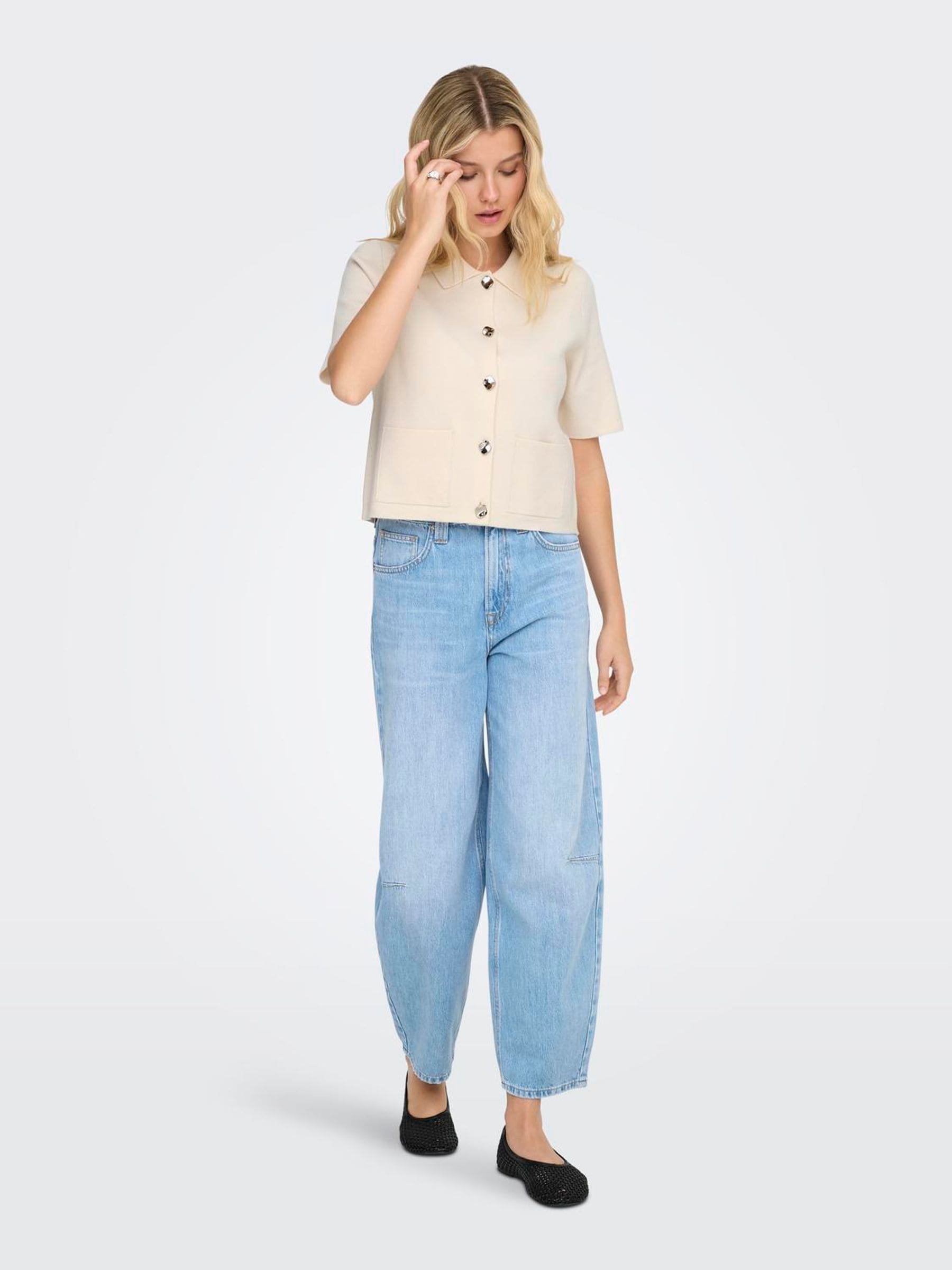Buy JDY Cream Short Sleeve Knitted Cardigan With Button Details