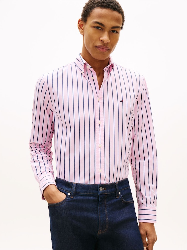 Tommy Hilfiger Pink Flex Regular Fit Stripe Poplin Shirt - Image 1 of 5 Tommy Hilfiger Pink Flex Regular Fit Stripe Poplin Shirt - Image 1 of 5