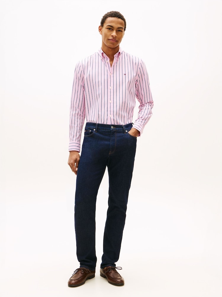 Tommy Hilfiger Pink Flex Regular Fit Stripe Poplin Shirt - Image 2 of 5 Tommy Hilfiger Pink Flex Regular Fit Stripe Poplin Shirt - Image 2 of 5