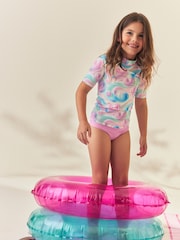 Pink/Blue Bubble Heart Short Sleeve Sunsafe  Rash Vest And Pant Swim Set (3-16yrs) - Image 2 of 9