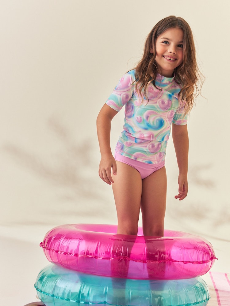 Pink/Blue Bubble Heart Short Sleeve Sunsafe Rash Vest And Pant Swim Set (3-16yrs) - Image 2 of 9 Pink/Blue Bubble Heart Short Sleeve Sunsafe Rash Vest And Pant Swim Set (3-16yrs) - Image 2 of 9