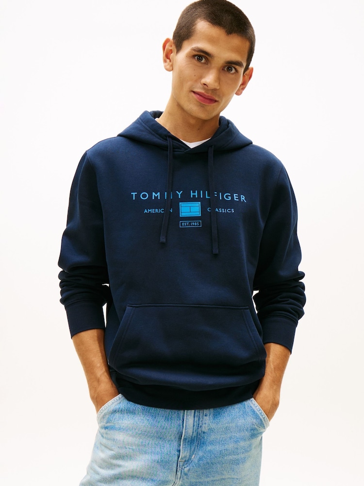 Tommy Hilfiger Blue Logo Terry Drawstring Hoodie - Image 1 of 5