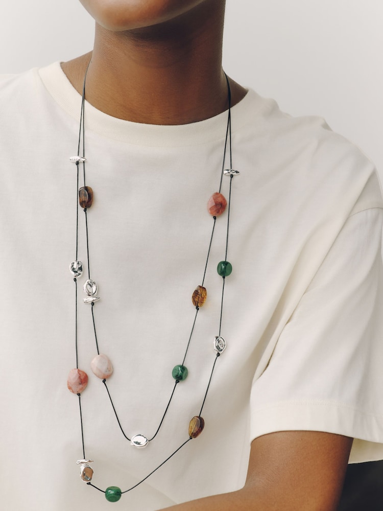 Silver Tone Beaded Cord Long Necklace - Image 1 of 2 Silver Tone Beaded Cord Long Necklace - Image 1 of 2
