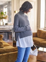 Seraphine Grey Knit Woven Turtle Neck Sweater - Image 1 of 5