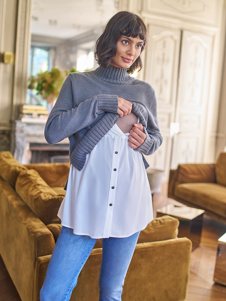 Seraphine Grey Knit Woven Turtle Neck Sweater - Image 2 of 5 Seraphine Grey Knit Woven Turtle Neck Sweater - Image 2 of 5