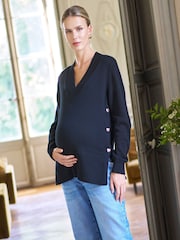 Seraphine Black Maternity V-Neck Heart Button Nursing Sweater - Image 1 of 7