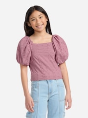 Abercrombie & Fitch Pink Puff Sleeve Eyelet Top - Image 1 of 6