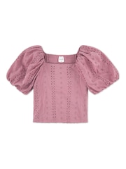 Abercrombie & Fitch Pink Puff Sleeve Eyelet Top - Image 4 of 6