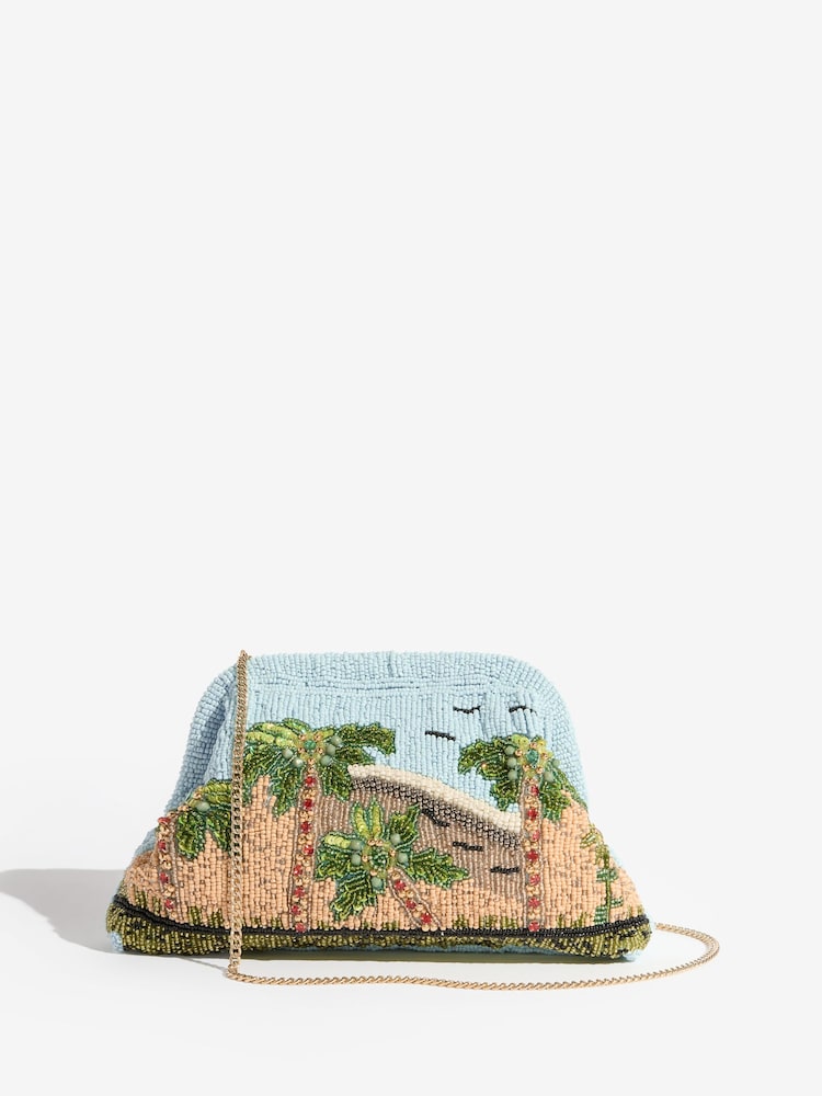 Love & Roses Blue Palm Tree Hand Beaded Frame Clutch Bag - Image 1 of 7 Love & Roses Blue Palm Tree Hand Beaded Frame Clutch Bag - Image 1 of 7