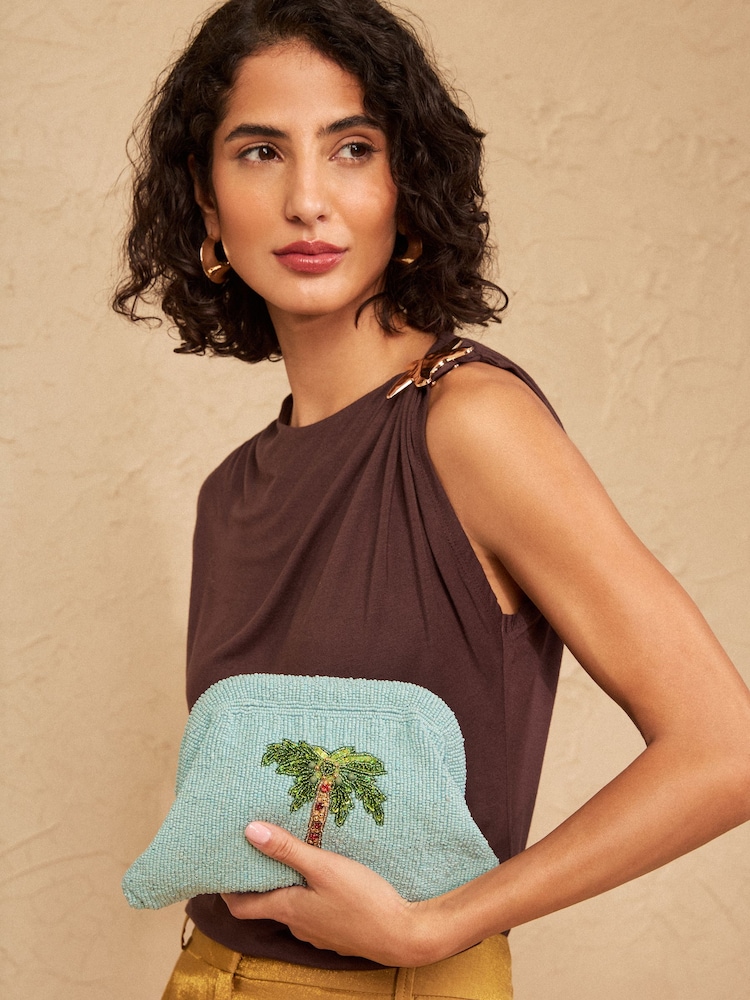 Love & Roses Blue Palm Tree Hand Beaded Frame Clutch Bag - Image 7 of 7 Love & Roses Blue Palm Tree Hand Beaded Frame Clutch Bag - Image 7 of 7