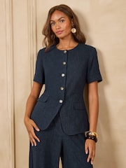 Love & Roses Navy Viscose / Linen Blend Short Sleeve Waistcoat - Image 1 of 4