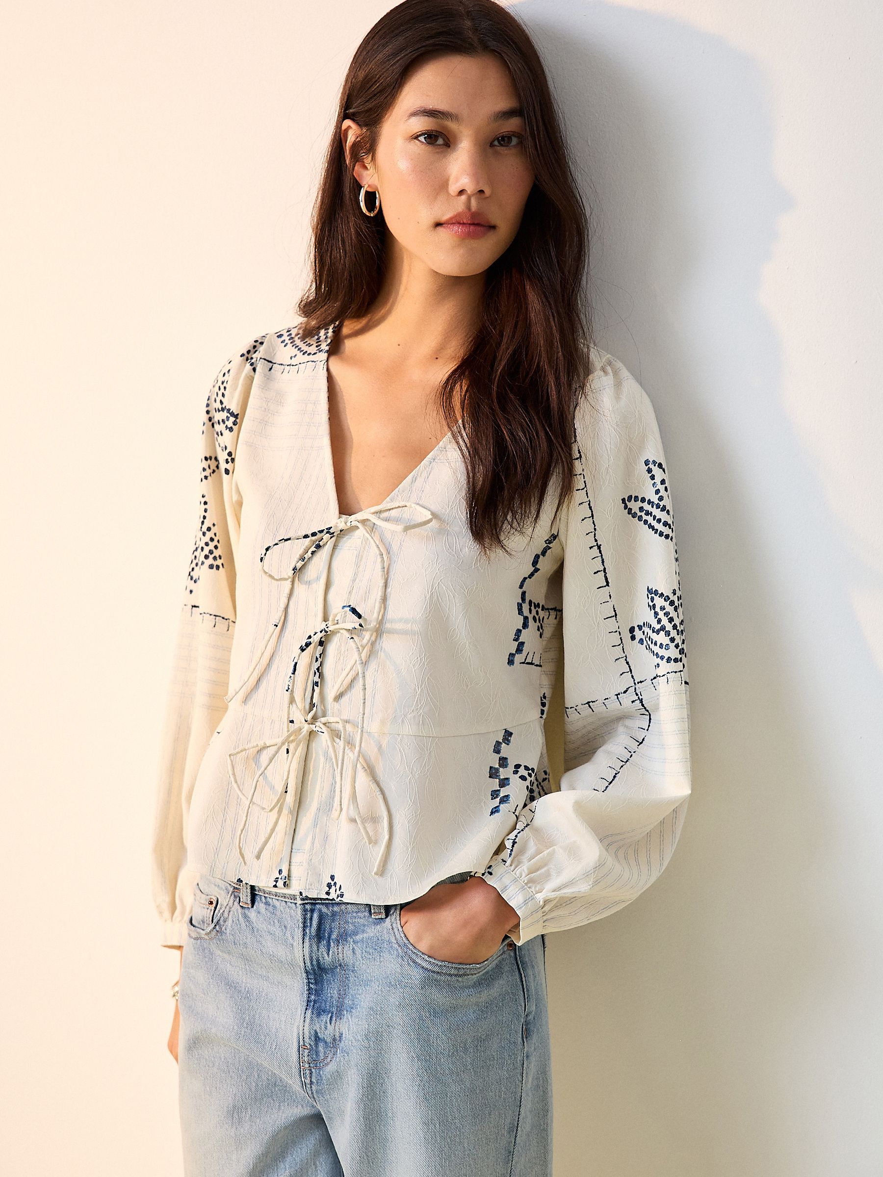 Buy Ecru Jacquard Blue Floral Print Tie-Neck Long Sleeve Blouse