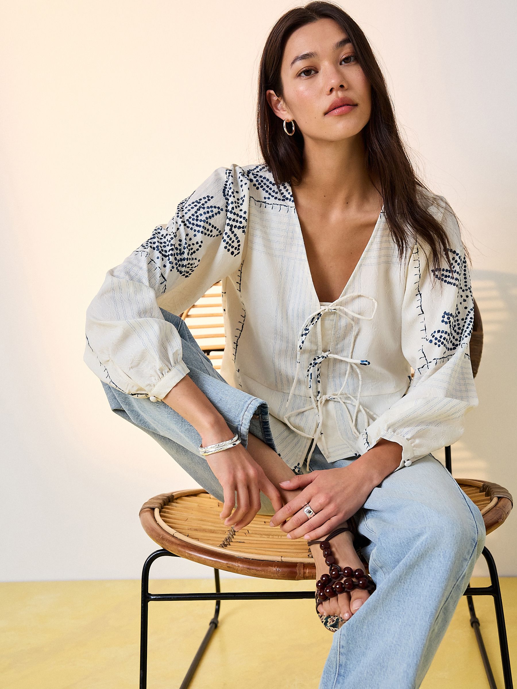 Buy Ecru Jacquard Blue Floral Print Tie-Neck Long Sleeve Blouse
