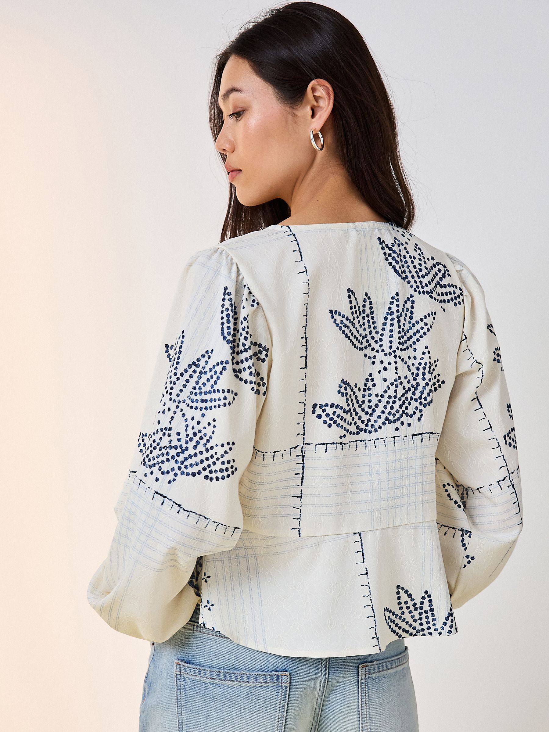 Buy Ecru Jacquard Blue Floral Print Tie-Neck Long Sleeve Blouse
