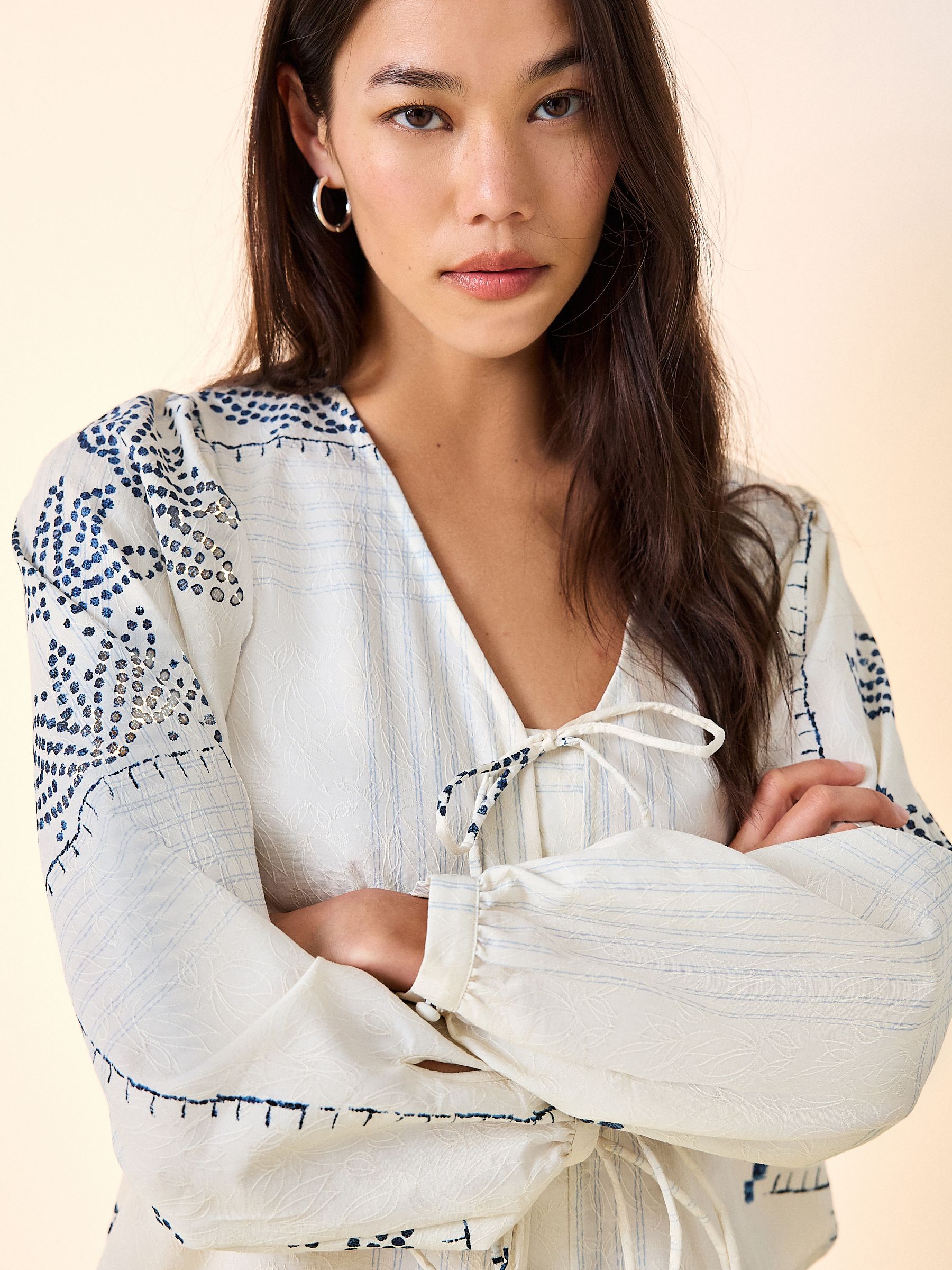 Buy Ecru Jacquard Blue Floral Print Tie-Neck Long Sleeve Blouse