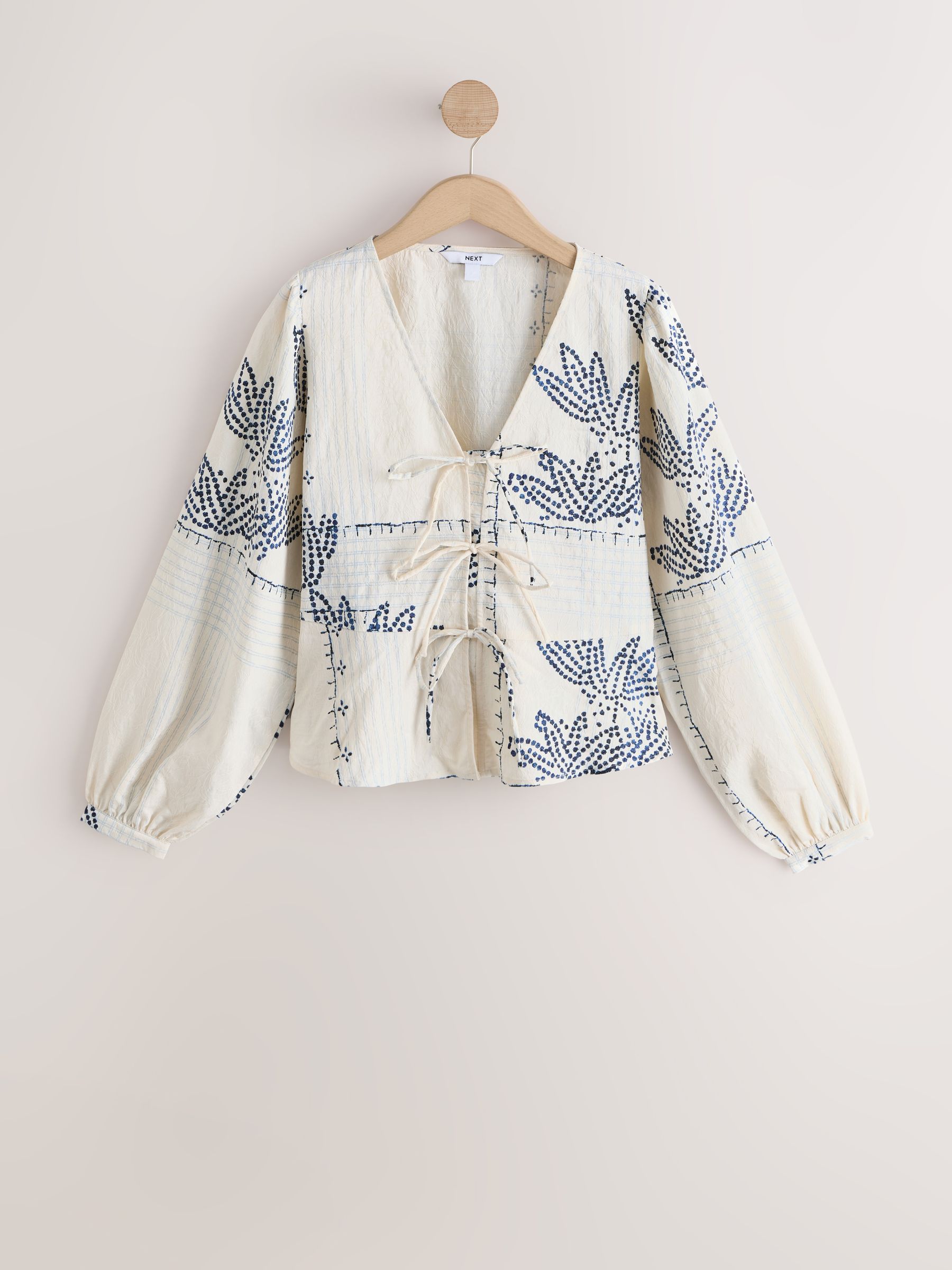 Buy Ecru Jacquard Blue Floral Print Tie-Neck Long Sleeve Blouse
