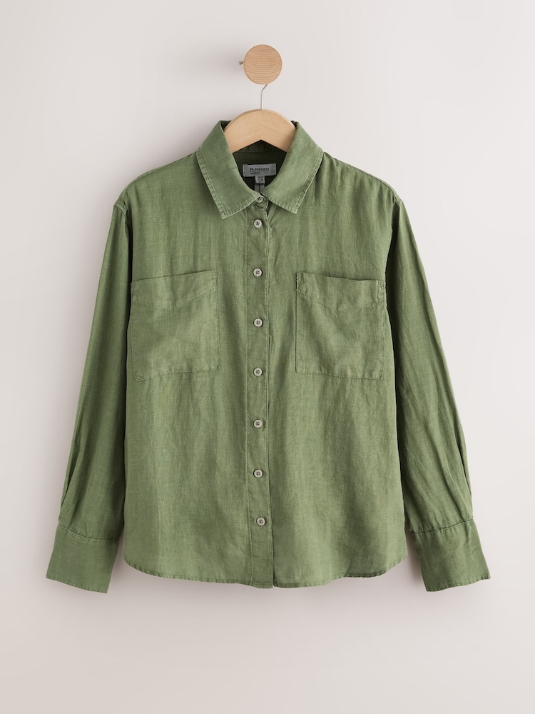 Khaki Green 100% Linen N. Premium Long Sleeve Shirt - Image 1 of 3 Khaki Green 100% Linen N. Premium Long Sleeve Shirt - Image 1 of 3
