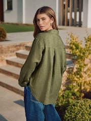 Khaki Green 100% Linen N. Premium Long Sleeve Shirt - Image 4 of 8