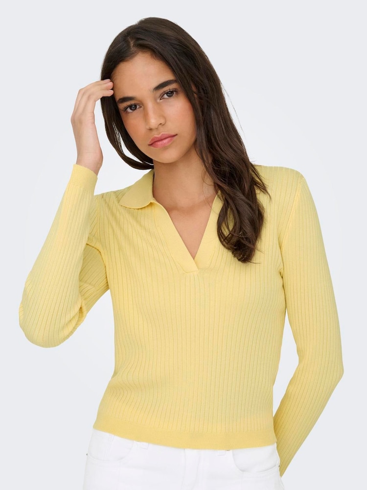 ONLY Yellow Ribbed Knit Polo Shirt - Image 1 of 6