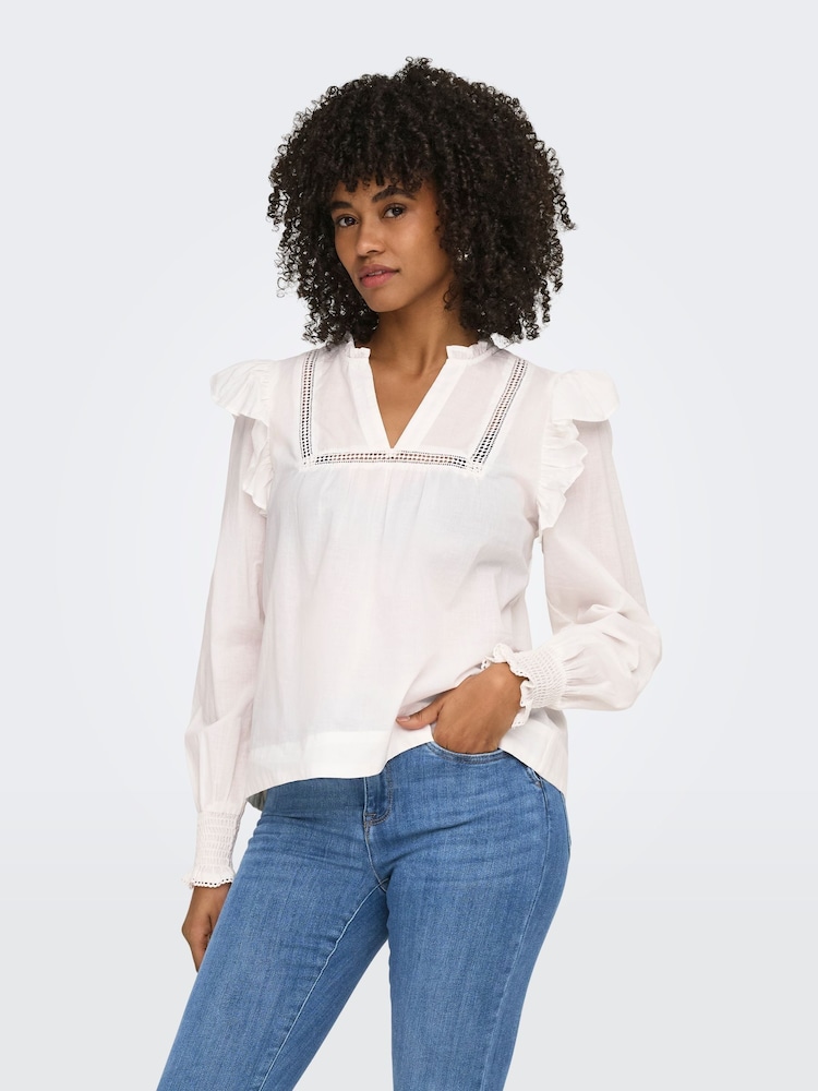 ONLY Frill Detail Long Sleeve Cotton Blouse - Imaginea 1 din 6