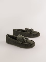 Khaki Green Suede Tassle Moccasin Slippers - Image 1 of 6