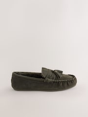Khaki Green Suede Tassle Moccasin Slippers - Image 2 of 6