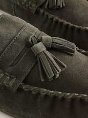 Khaki Green Suede Tassle Moccasin Slippers - Image 4 of 6